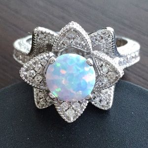 White Fire Opal Flower Ring